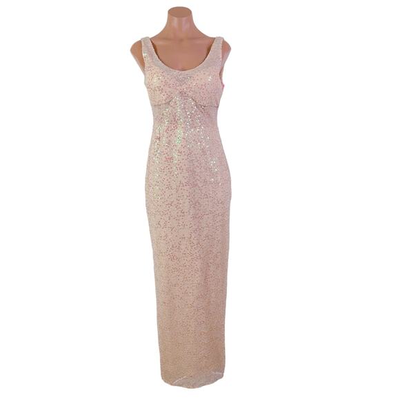 Nightway Sequin Scoop Neck Gown Maxi Dress Sheer Prom Gatsby Champagne Sz 8 NWT - Picture 13 of 13